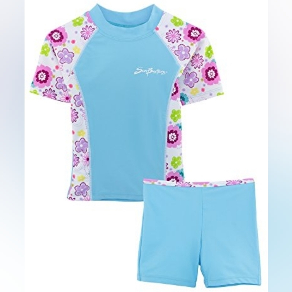 Sunbusters Baby 12/18 UPF 50+ 2-Piece Fitted Rash Swim Set Blue Pink Floral